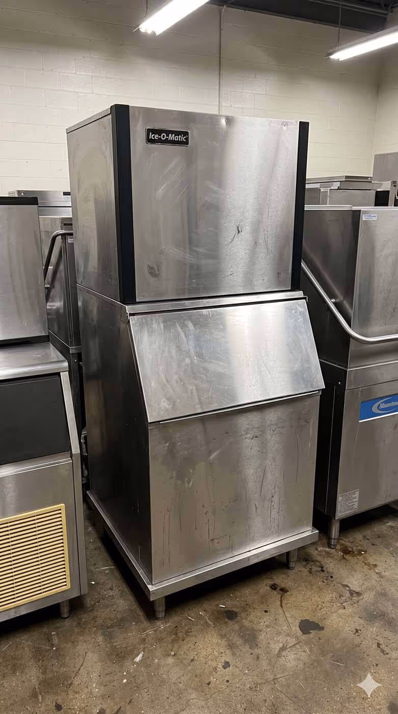 Stainless steel Ice-O-Matic commercial ice machine in an industrial setting with other equipment nearby.