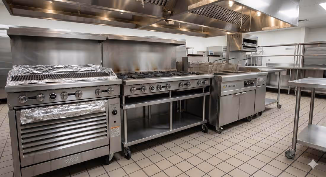 Commercial kitchen stove, oven, and fryer units lined up on tiled floor with stainless steel surfaces and ventilation hood above.