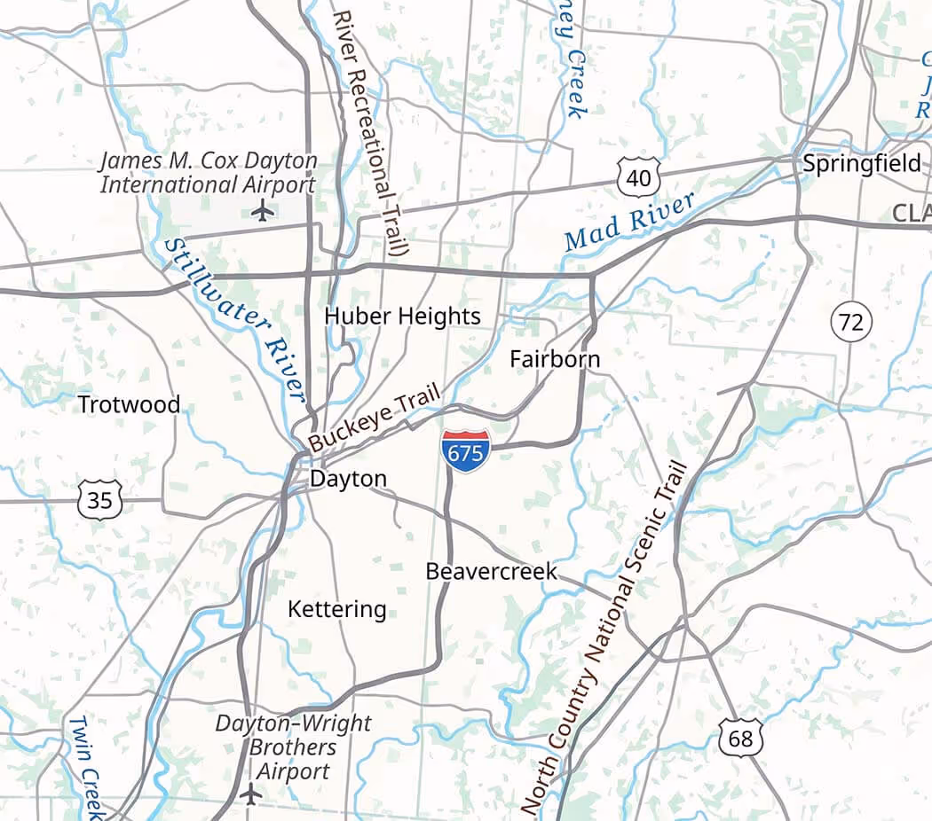Map showing Dayton, Ohio area with major roads, rivers, airports, and nearby towns including Huber Heights, Fairborn, Beavercreek, Kettering, Springfield, and Trotwood.